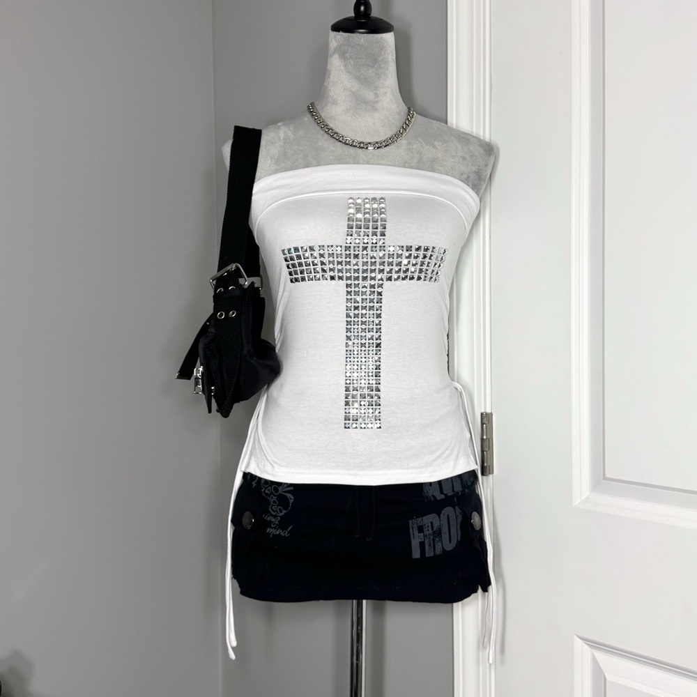 Y2K McBling White and Silver Studded Cross Design Strapless Fold Over Top
